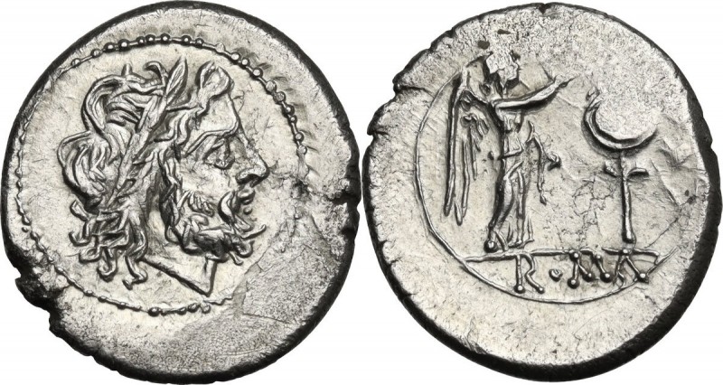 Anonymous. AR Victoriatus, from 211 BC. Obv. Laureate head of Jupiter right. Rev...