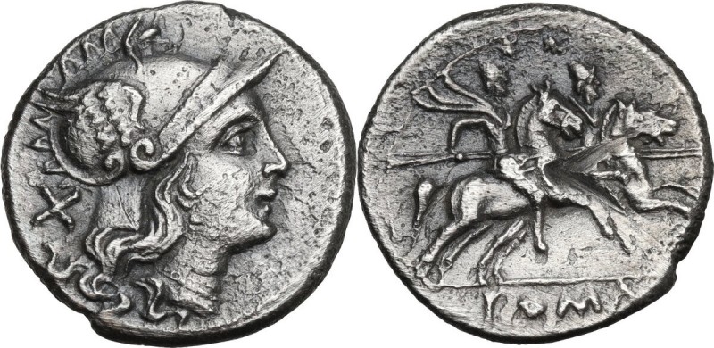 Anonymous. AR Denarius, after 211 BC. Obv. Helmeted head of Roma right; behind, ...