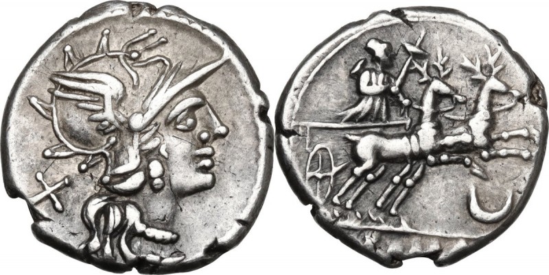 Anonymous. AR Denarius, 143 BC. Obv. Helmeted head of Roma right; behind, X. Rev...