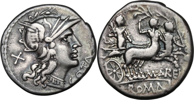 M. Aurelius Cotta. AR Denarius, 139 BC. Obv. Helmeted head of Roma right, wearin...