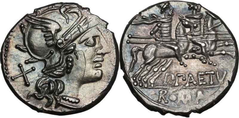 P. Aelius Paetus. AR Denarius, 138 BC. Obv. Helmeted head of Roma right; behind,...