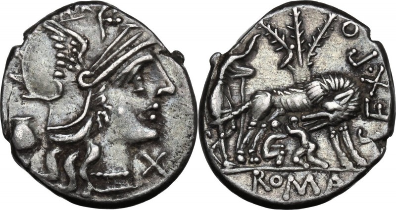 Sex. Pompeius Fostlus. AR Denarius, 137 BC. Obv. Helmeted head of Roma right; be...