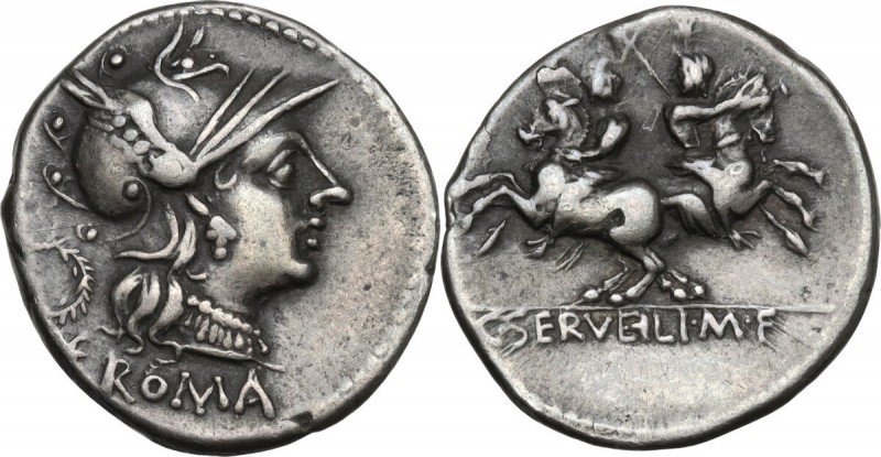 C. Servilius M.f. AR Denarius, 136 BC. Obv. Helmeted head of Roma right; behind,...