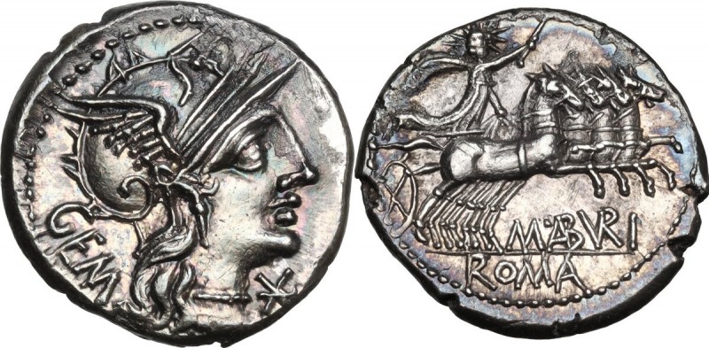 M. Aburius M.f. Geminus. AR Denarius, 132 BC. Obv. Helmeted head of Roma right; ...