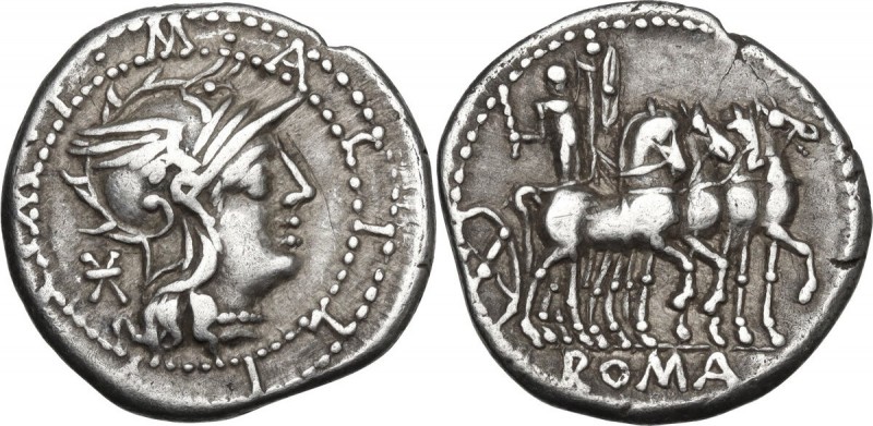 M. Acilius M.f. AR Denarius, 130 BC. Obv. Helmeted head of Roma right; behind, X...