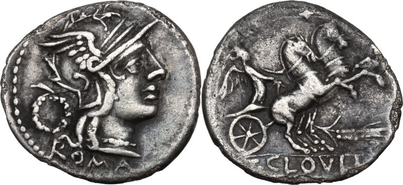 T. Cloelius. AR Denarius, 128 BC. Obv. Helmeted head of Roma right; behind, wrea...