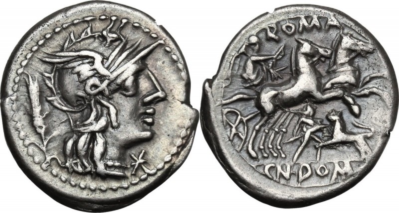 Cn. Domitius Ahenobarbus. AR Denarius, 128 BC. Obv. Helmeted head of Roma right;...