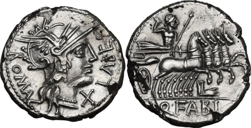 Q. Fabius Labeo. Fourrée Denarius, circa 124 BC. Obv. Helmeted head of Roma righ...