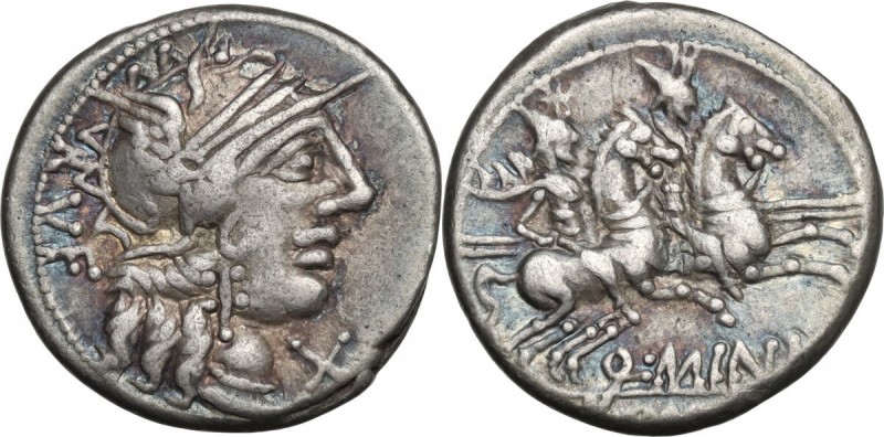 Q. Minucius Rufus. AR Denarius, 122 BC. Obv. Helmeted head of Roma right; below ...