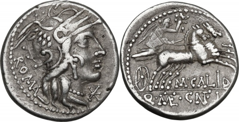 M. Calidius, Q. Metellus and Cn. Fulvius. AR Denarius, 117-116 BC. Obv. Helmeted...