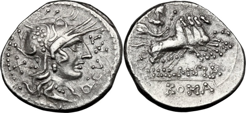 Q. Curtius. AR Denarius, 116-115 BC. Obv. Helmeted head of Roma right, X behind,...