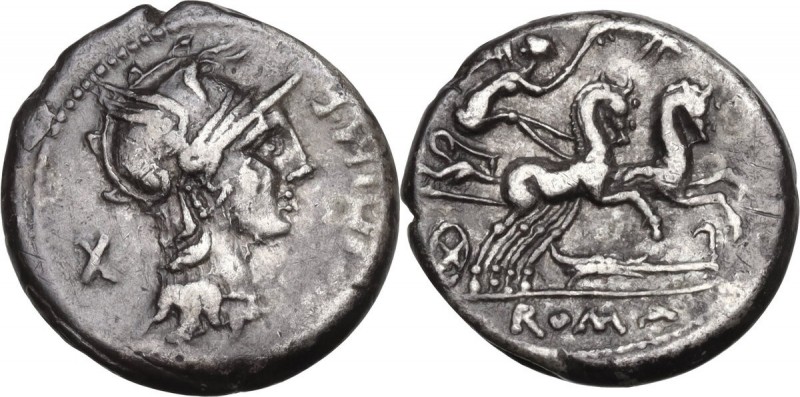 M. Cipius M.f. AR Denarius, 115 or 114 BC. Obv. Helmeted head of Roma right; bef...