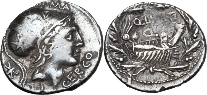 Q. Lutatius Cerco. AR Denarius, 109-108 BC. Obv. Head of Roma right, wearing hel...