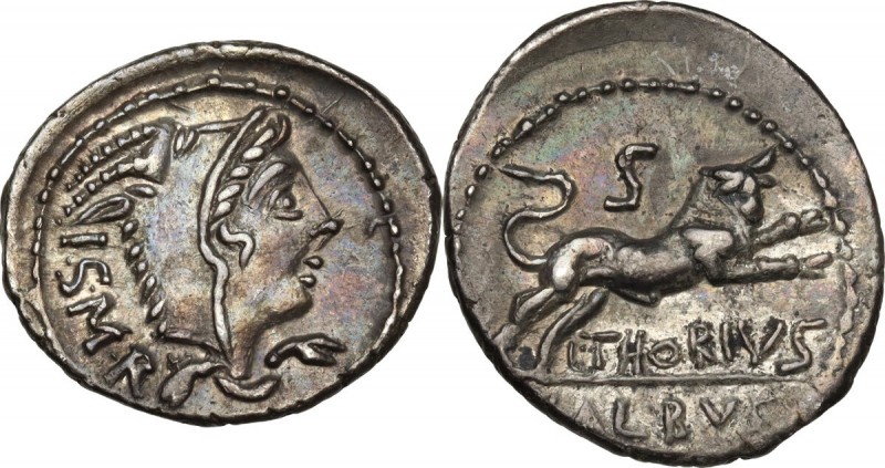 L. Thorius Balbus. AR Denarius, 105 BC. Obv. Head of Juno of Lanuvium right, wea...