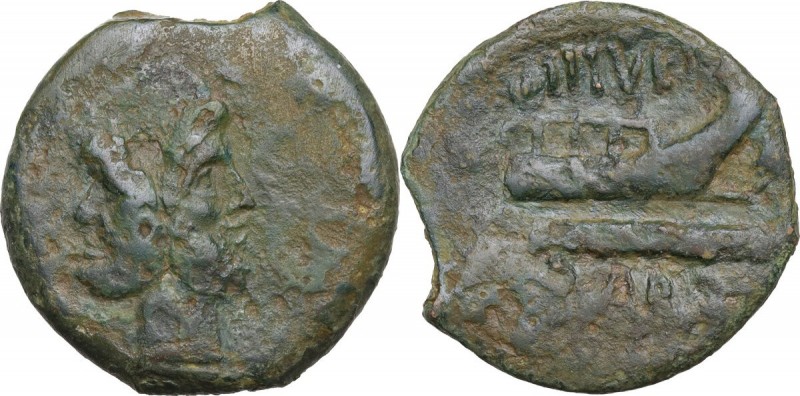 L.Titurius L.f. Sabinus. AE As, 89 BC. Obv. Laureate head of Janus. Rev. Prow ri...