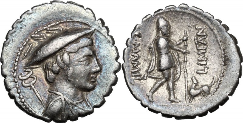 C. Mamilius Limetanus. AR Denarius serratus, 82 BC. Obv. Draped bust of Mercury ...