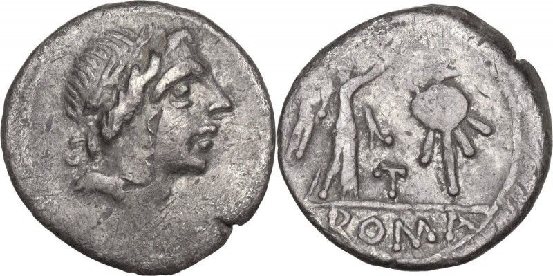 Anonymous. AR Quinarius, 81 BC. Obv. Laureate head of Apollo right. Rev. Victory...