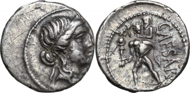 Julius Caesar. AR Denarius, 47-46 BC. Obv. Diademed head of Venus right. Rev. CA...