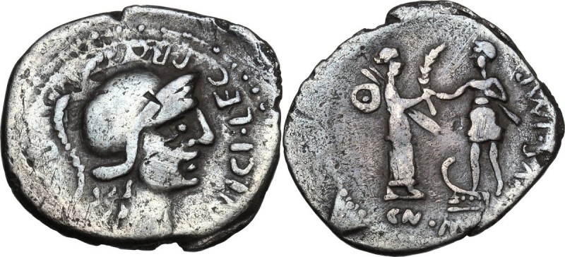 Pompey the Great. AR Denarius, Spain, 46-45 BC. Obv. M POBLICI LEG. Helmeted hea...