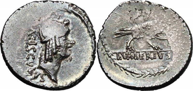 L.Valerius Acisculus. AR Denarius, 45BC. Obv. ACISCVLVS. Head of Apollo right, h...