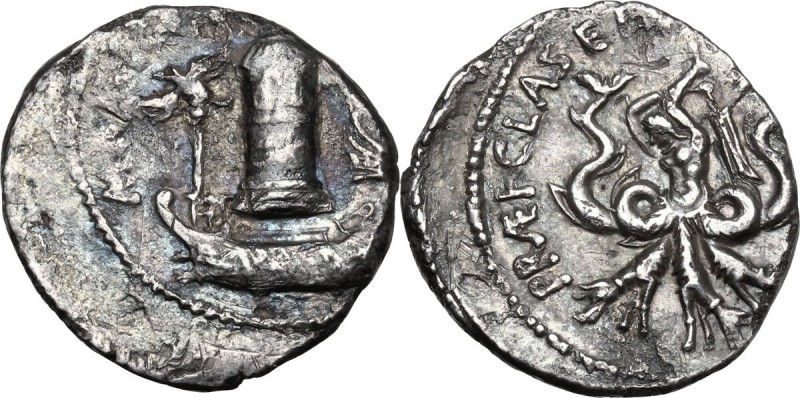 Sextus Pompeius. AR Denarius, 37-36 BC, Sicily. Obv. M[AG PIVS IMP ITER] The Pha...