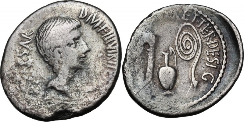 Octavian. AR Denarius, 36 BC. Obv. [IMP CA]ESAR DIVI F III VIR IT[ER R P C]. Bar...