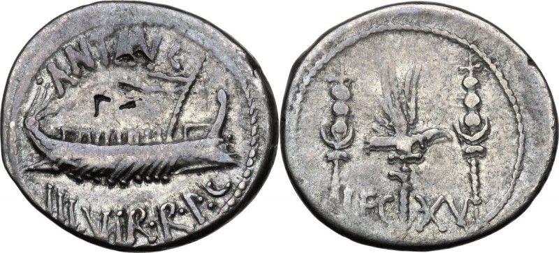 Mark Antony. AR Denarius, 32-31 BC. Obv. ANT. AVG III VIR. R. P. C. Praetorian g...