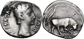 Augustus (27 BC - 14 AD). AR Denarius, 15-13 or 12 BC. Obv. AVGVSTVS DIVI F. Bare head right. Rev. Bull butting right; in exergue, [IMP X] or [IMP XII...