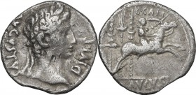 Augustus (27 BC - 14 AD). AR Denarius, Lugdunum mint. Struck 8-7 BC. Obv. AVGVSTVS DIVI F. Laureate head right. Rev. Gaius Caesar galloping right; beh...