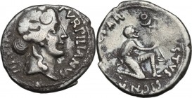 Augustus (27 BC - 14 A.D.). AR Denarius, P. Petronius Turpilianus moneyer, 18 BC. Obv. TVRPILIANVS III VIR. Head of Liber or Bacchus right, wearing iv...