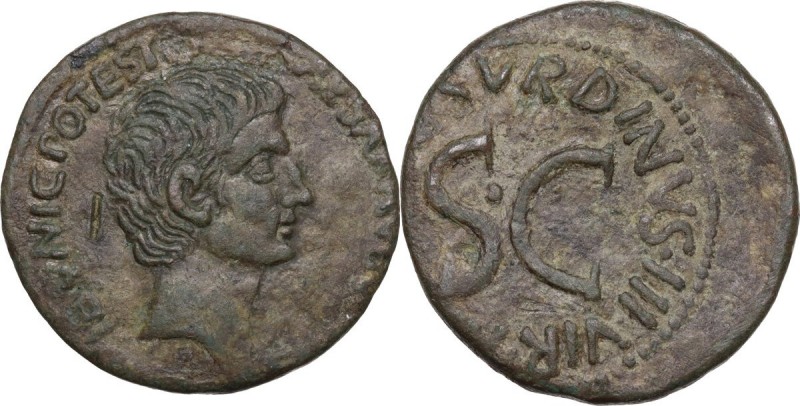 Augustus (27 BC - 14 AD). AE As, 15 BC. Obv. CAESAR AVGVSTVS TRIBVNIC POTEST. Ba...