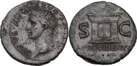 Divus Augustus (died 14 AD). AE As, struck under Tiberius, c. 22-30 AD. Obv. DIVVS AVGVSTVS PATER. Radiate head left. Rev. PROVIDENT SC. Monumental al...