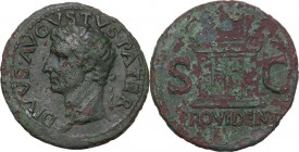 Divus Augustus (died 14 AD). AE As. Struck under Tiberius, c. 22-30 AD. Obv. DIVVS AVGVSTVS PATER. Radiate head left. Rev. PROVIDENT SC. Monumental al...