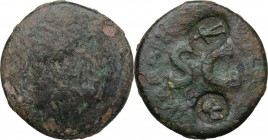 Augustus (27 BC - 14 AD). AE Sestertius, countermarked during the reign of Tiberius (14-37 AD). Syracuse mint (?). Obv. Obverse erased. Rev. Large S-C...