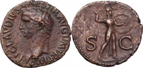 Claudius (41-54). AE As, circa 42-43 AD. Obv. TI CLAVDIVS CAESAR AVG P M TR P IMP. Bare head left. Rev. S C across field, Minerva advancing right, bra...
