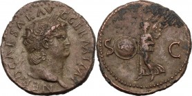 Nero (54-68). AE As, Rome mint. Obv. NERO CAESAR AVG GERM IMP. Laureate head right. Rev. SC. Victory flying left, holding shield inscribed SPQR. RIC I...