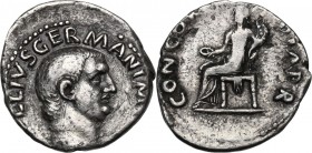 Vitellius (69 AD). AR Denarius, Rome mint. Obv. [A VITE]LLIVS GERMAN IM[P TR P]. Bare head right. Rev. CONCOR-DIA PR. Concordia seated left, holding p...