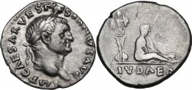 Vespasian (69-79 AD). AR Denarius, Rome mint, 70 AD. Obv. IMP CAESAR VESPASIANVS AVG. Laureate head of Vespasian right. Rev. IVDAEA (in exergue). Juda...