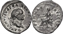 Vespasian (69-79 AD.). AR Denarius, 75 AD, Rome mint. Obv. [IMP CA]ESAR VESPASIANVS AVG. Laureate head right. Rev. PON MAX TR P COS VI. Pax seated lef...