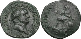 Vespasian (69-79 AD). AE Dupondius. Obv. IMP CAES VESPASIAN AVG COS III. Radiate head right. Rev. ROMA SC. Roma seated left, holding wreath and parazo...