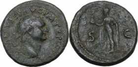 Titus (79-81). AE As, 79 AD. Obv. [IMP T]CAES VESP AVG PM TR P COS [VII] Laureate head right. Rev. SC. Spes advancing left, holding flower and raising...