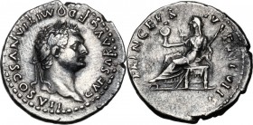 Domitian as Caesar (69-81). AR Denarius, 80 AD. Obv. CAESAR AVG F DOMITIANVS COS VII. Laureate bust right. Rev. PRINCEPS IVVENTVTIS. Vesta seated left...