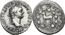 Domitian as Caesar (69-81). AR Denarius. Struck under Titus, 80-81 AD. Obv. CAESAR DIVI DOMITIANVS COS VII. Laureate head right. Rev. PRINCEPS IVVENTV...