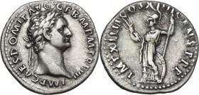 Domitian (81-96). AR Denarius, 88 AD. Obv. IMP CAES DOMIT AVG GERM P M TR P VII. Laureate head right. Rev. IMP XIIII COS XIIII CENS P P P. Minerva sta...