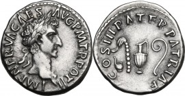Nerva (96-98). AR Denarius, Rome mint. Obv. IMP NERVA CAES AVG P M TR POT II. Laureate head right. Rev. COS III PATER PATRIAE. Emblems of the pontific...