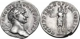 Trajan (98-117 AD). AR Denarius, Rome mint,107-111 AD. Obv. IMP TRAIANO AVG GER DAC P M TR P. Laureate bust right, wearing aegis. Rev. COS V P P SPQR ...