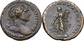 Trajan (98-117 AD). AE As, 103-111 AD. Obv. IMP CAES NERVAE TRAIANO AVG GER DAC P M TR P COS V P P. Laureate bust right, seen from behind. Rev. Fortun...