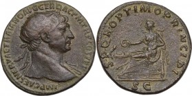 Trajan (98-117 AD). AE Dupondius, Rome mint, c.104-107 AD. Obv. Radiate bust right, with slight drapery on far shoulder. Rev. Salus seated left on thr...