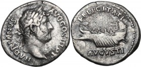 Hadrian (117-138). AR Denarius, 134 - 138 AD. Obv. HADRIANVS AVG COS III PP. Laureate head right. Rev. FELICITATI / AVGVSTI. Galley left with four oar...