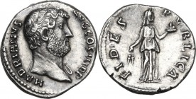 Hadrian (117-138). AR Denarius, 134-138 AD. Obv. HADRIANVS AVG COS III P P. Bareheaded bust right, slight drapery on left shoulder. Rev. FIDES PVBLICA...